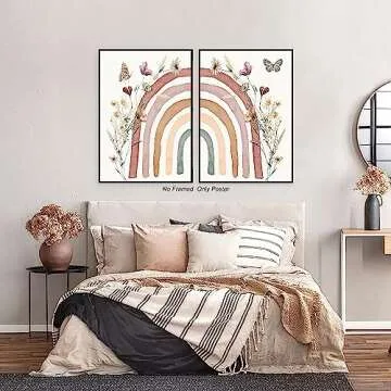 Boho Rainbow Wall Art Prints Boho Wildflower Nursery Decor Boho Nursery Decor for GirlS Pink Boho Mursery Decor Rainbow Classroom Decor Baby Girl Nursery Wall Decor for Kids Boho Rainbow Poster Set of 2 16*24 Inch Unframed (F, 16*24 inch Unframed)