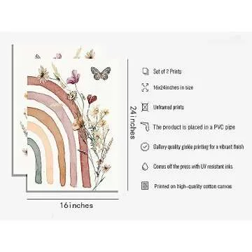 Boho Rainbow Wall Art Prints Boho Wildflower Nursery Decor Boho Nursery Decor for GirlS Pink Boho Mursery Decor Rainbow Classroom Decor Baby Girl Nursery Wall Decor for Kids Boho Rainbow Poster Set of 2 16*24 Inch Unframed (F, 16*24 inch Unframed)