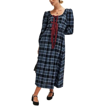 Yiulangde Womens Blue Gingham Bow Tie Dress Y2k Checkered Long Puff Sleeve Flowy Fall Dress Square N...