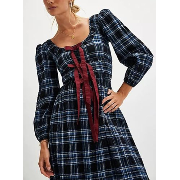 Yiulangde Womens Blue Gingham Bow Tie Dress Y2k Checkered Long Puff Sleeve Flowy Fall Dress Square Neck Smocked Maxi Dresses
