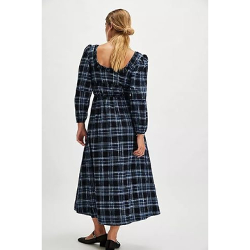 Yiulangde Womens Blue Gingham Bow Tie Dress Y2k Checkered Long Puff Sleeve Flowy Fall Dress Square Neck Smocked Maxi Dresses