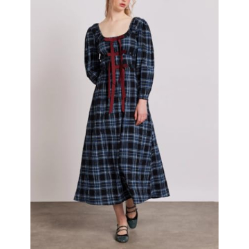 Yiulangde Womens Blue Gingham Bow Tie Dress Y2k Checkered Long Puff Sleeve Flowy Fall Dress Square Neck Smocked Maxi Dresses