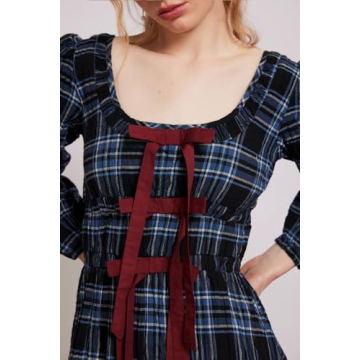 Yiulangde Womens Blue Gingham Bow Tie Dress Y2k Checkered Long Puff Sleeve Flowy Fall Dress Square Neck Smocked Maxi Dresses