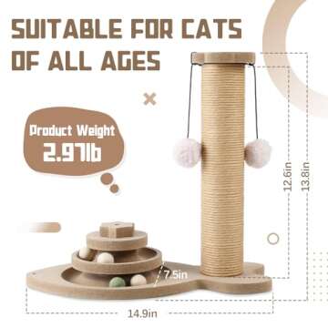 SEMBOVI Cat Scratching Post 3 in 1 Wooden Cat Scratcher Toy, 13.8'' Tall Scratch Post Interactive To...