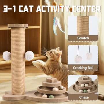 SEMBOVI Cat Scratching Post 3 in 1 Wooden Cat Scratcher Toy, 13.8'' Tall Scratch Post Interactive Toy with Dangling Ball, Two-Layer Ball Track with Catnip Balls for Small and Medium Cats, Browm