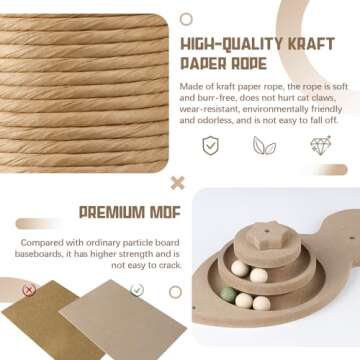 SEMBOVI Cat Scratching Post 3 in 1 Wooden Cat Scratcher Toy, 13.8'' Tall Scratch Post Interactive Toy with Dangling Ball, Two-Layer Ball Track with Catnip Balls for Small and Medium Cats, Browm