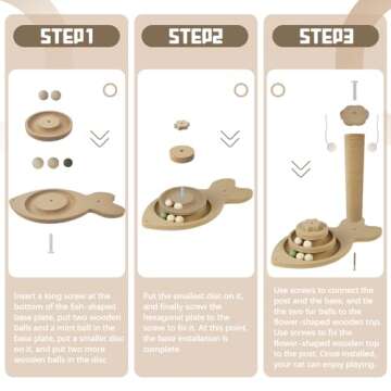 SEMBOVI Cat Scratching Post 3 in 1 Wooden Cat Scratcher Toy, 13.8'' Tall Scratch Post Interactive Toy with Dangling Ball, Two-Layer Ball Track with Catnip Balls for Small and Medium Cats, Browm
