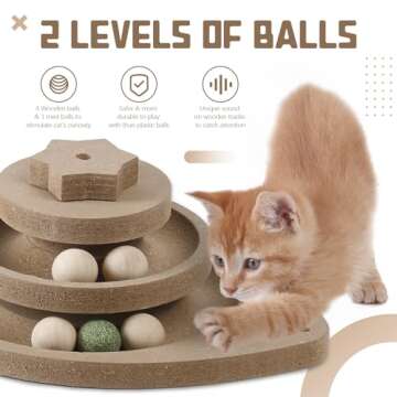 SEMBOVI Cat Scratching Post 3 in 1 Wooden Cat Scratcher Toy, 13.8'' Tall Scratch Post Interactive Toy with Dangling Ball, Two-Layer Ball Track with Catnip Balls for Small and Medium Cats, Browm