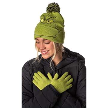 Dr. Seuss The Grinch Who Stole Christmas Embroidered Pom Beanie and Glove Set Green