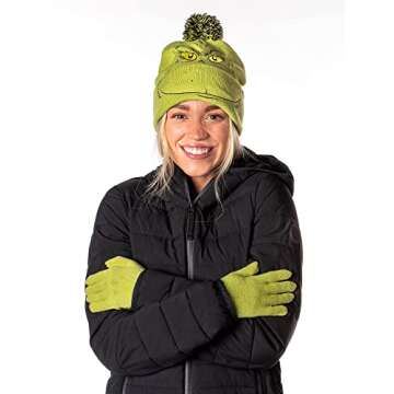 Dr. Seuss The Grinch Who Stole Christmas Embroidered Pom Beanie and Glove Set Green
