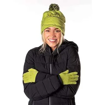 Dr. Seuss The Grinch Who Stole Christmas Embroidered Pom Beanie and Glove Set Green