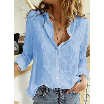 Astylish Women V Neck Solid Roll Up Sleeve Collared Shirts Blouses Summer Linen Tops for Teen Girls Blue Large
