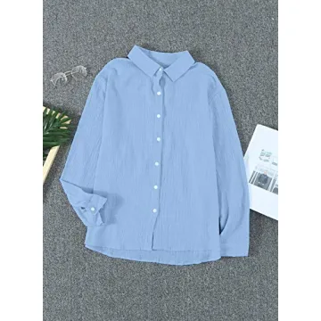 Astylish Women V Neck Solid Roll Up Sleeve Collared Shirts Blouses Summer Linen Tops for Teen Girls Blue Large