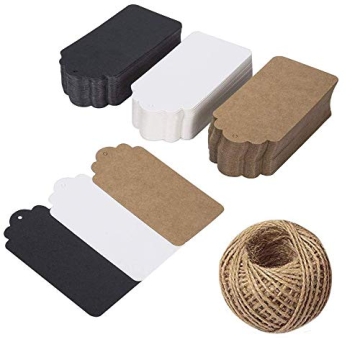Hubhnb Kraft Gift Paper Tags with 99 ft Natural Jute Twine, 150 Pieces 3 Colors Rectangle Black Whit...