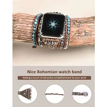 Boho Beads Bracelet compatible with Apple Watch band 41mm/40mm/38mm for women Multilayer 5 Wraps Leather Handmade Braided Natural Stone Fancy Replacement Strap for iWatch Series 7/6/5/4/3/2/1/SE