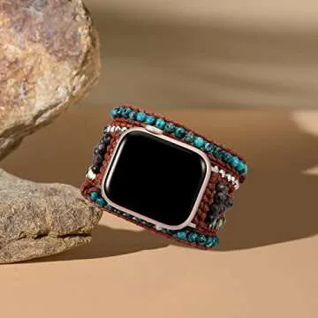 Boho Beads Bracelet compatible with Apple Watch band 41mm/40mm/38mm for women Multilayer 5 Wraps Leather Handmade Braided Natural Stone Fancy Replacement Strap for iWatch Series 7/6/5/4/3/2/1/SE