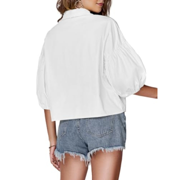 LYANER Women's Button Down Lantern Sleeve Crop Top Shirt