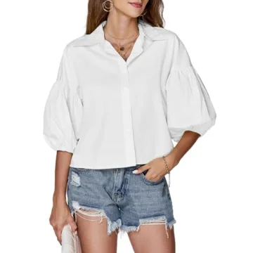 LYANER Women's Button Down Lantern Sleeve Crop Top Shirt