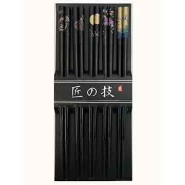 JapanBargain 3672, Bamboo Chopsticks Reusable Japanese Chinese Korean Wood Chop Sticks Hair Sticks 5 Pair Gift Set Dishwasher Safe, 9 inch, Black