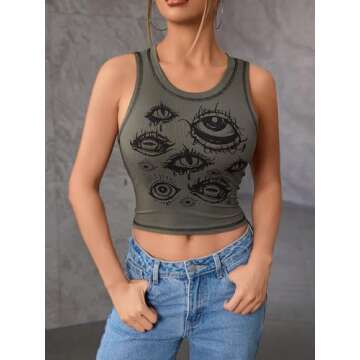 SOLY HUX Women's Y2k Goth Eye Print Crop Tank Top Round Neck Sleeveless Summer Tops Army Green Print S