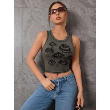 SOLY HUX Women's Y2k Goth Eye Print Crop Tank Top Round Neck Sleeveless Summer Tops Army Green Print S