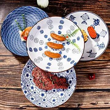 Ceramic Dinner Plates Set of 4 Pasta Bowls Blue and White Plates Dessert Plates Salad Plates Floral Dinner Shallow Plate for Pasta Appetizer Dessert and Snack Microwave Oven and Dishwasher Safe