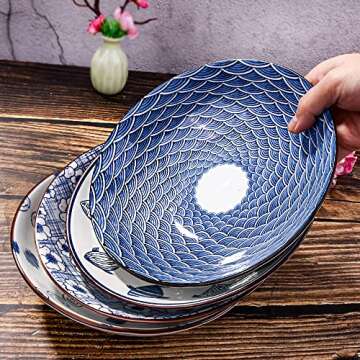 Ceramic Dinner Plates Set of 4 Pasta Bowls Blue and White Plates Dessert Plates Salad Plates Floral Dinner Shallow Plate for Pasta Appetizer Dessert and Snack Microwave Oven and Dishwasher Safe