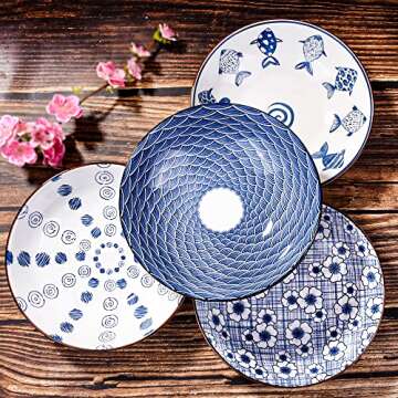 Ceramic Dinner Plates Set of 4 Pasta Bowls Blue and White Plates Dessert Plates Salad Plates Floral Dinner Shallow Plate for Pasta Appetizer Dessert and Snack Microwave Oven and Dishwasher Safe