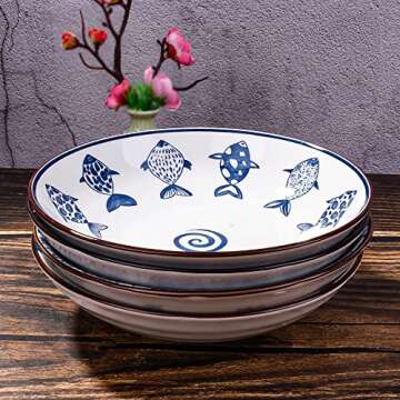 Ceramic Dinner Plates Set of 4 Pasta Bowls Blue and White Plates Dessert Plates Salad Plates Floral Dinner Shallow Plate for Pasta Appetizer Dessert and Snack Microwave Oven and Dishwasher Safe