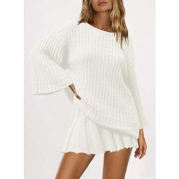 SENSERISE Womens Sweater Skirt Set 2 Piece Outfits Long Sleeve Pullover Top Ribbed Knit Lounge Dresses(Cream White,M)