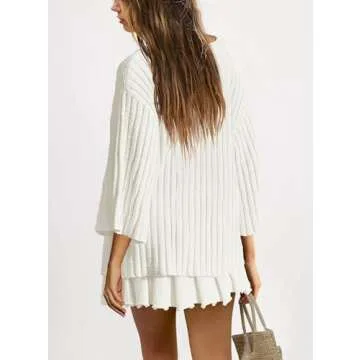 SENSERISE Womens Sweater Skirt Set 2 Piece Outfits Long Sleeve Pullover Top Ribbed Knit Lounge Dresses(Cream White,M)