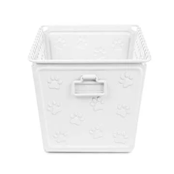 Spectrum Macklin Paw Printed Wire Basket Medium with Label Plate (White) - Storage Bin & Décor for Bathroom, Closet, Pantry, Under Sink, Toy, Shelf, Kitchen, & Nursery Organization
