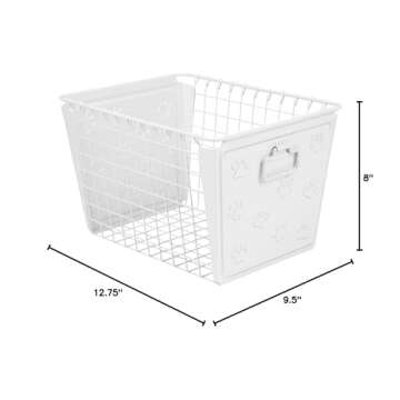 Spectrum Macklin Paw Printed Wire Basket Medium with Label Plate (White) - Storage Bin & Décor for Bathroom, Closet, Pantry, Under Sink, Toy, Shelf, Kitchen, & Nursery Organization