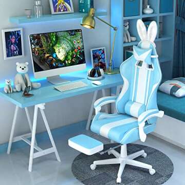 Ferghana Kawaii Light Blue Gaming Chair with Bunny Ears, Ergonomic Cute Gamer Chair with Footrest an...