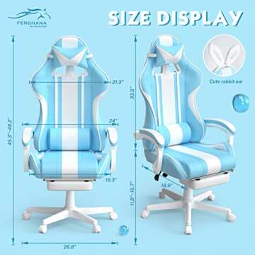 Ferghana Kawaii Light Blue Gaming Chair with Bunny Ears, Ergonomic Cute Gamer Chair with Footrest and Massage, Racing Reclining Leather Computer Game Chair 250lbs for Girls Adults Teens Kids