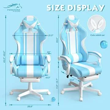 Ferghana Kawaii Light Blue Gaming Chair with Bunny Ears, Ergonomic Cute Gamer Chair with Footrest and Massage, Racing Reclining Leather Computer Game Chair 250lbs for Girls Adults Teens Kids