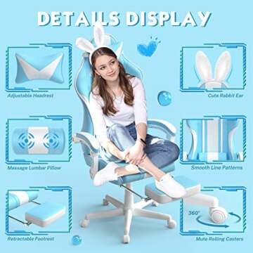Ferghana Kawaii Light Blue Gaming Chair with Bunny Ears, Ergonomic Cute Gamer Chair with Footrest and Massage, Racing Reclining Leather Computer Game Chair 250lbs for Girls Adults Teens Kids