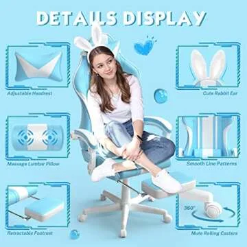 Ferghana Kawaii Light Blue Gaming Chair with Bunny Ears, Ergonomic Cute Gamer Chair with Footrest and Massage, Racing Reclining Leather Computer Game Chair 250lbs for Girls Adults Teens Kids
