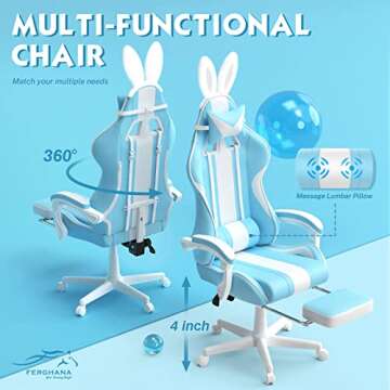 Ferghana Kawaii Light Blue Gaming Chair with Bunny Ears, Ergonomic Cute Gamer Chair with Footrest and Massage, Racing Reclining Leather Computer Game Chair 250lbs for Girls Adults Teens Kids