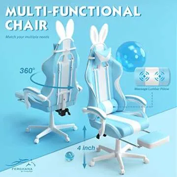Ferghana Kawaii Light Blue Gaming Chair with Bunny Ears, Ergonomic Cute Gamer Chair with Footrest and Massage, Racing Reclining Leather Computer Game Chair 250lbs for Girls Adults Teens Kids