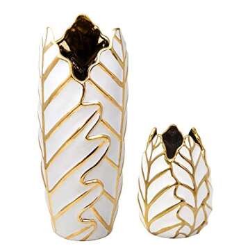 Sagebrook Home Glam Decorative Ceramic Leaf Bud Vase for Room and Office Decor, White and Gold, 6 L ...