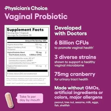 Physician's CHOICE Vaginal Probiotics for Women - Unique with Licorice Root - PH Balance, Odor Control, Yeast, Vaginal Microbiome & Feminine Health - 6B CFU - Organic Prebiotic, Cranberry - 30 CT