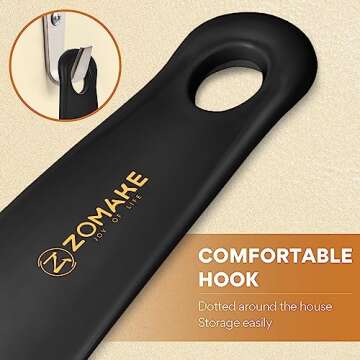 ZOMAKE Plastic Shoe Horn with Hook, 7.3 Inch Small Travel Shoe Horns for Kids, Seniors, Men, Women, Black, Blue, Grey(Pack of 3)