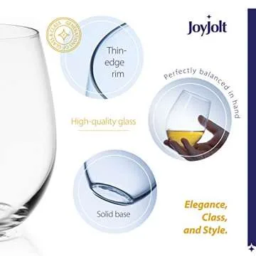 JoyJolt Stemless Wine Glasses Set of 4 – 19 oz Clear Glass Tumblers for Red & White Wine, Cocktails, Dishwasher Safe, Perfect for Home Bar, Gifts