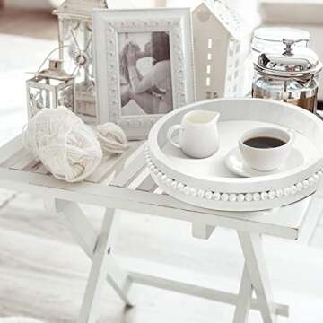 Qunclay White Round Tray Beaded Centerpiece for Coffee Table Wood Rustic Round Decorative Farmhouse ...