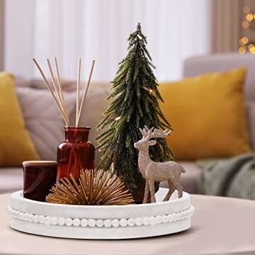 Qunclay White Round Tray Beaded Centerpiece for Coffee Table Wood Rustic Round Decorative Farmhouse Serving Vintage Tray for Christmas Kitchen