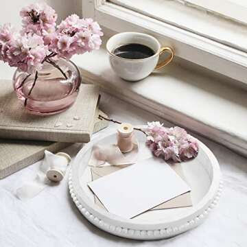 Qunclay White Round Tray Beaded Centerpiece for Coffee Table Wood Rustic Round Decorative Farmhouse Serving Vintage Tray for Christmas Kitchen