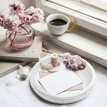 Qunclay White Round Tray Beaded Centerpiece for Coffee Table Wood Rustic Round Decorative Farmhouse Serving Vintage Tray for Christmas Kitchen