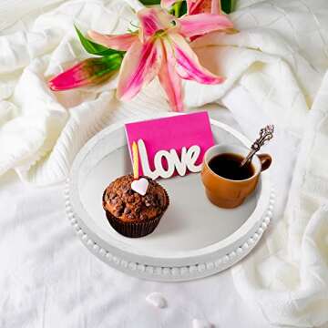 Qunclay White Round Tray Beaded Centerpiece for Coffee Table Wood Rustic Round Decorative Farmhouse Serving Vintage Tray for Christmas Kitchen