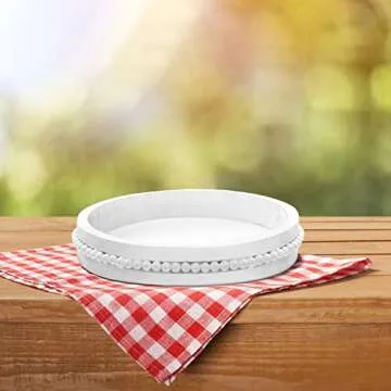Qunclay White Round Tray Beaded Centerpiece for Coffee Table Wood Rustic Round Decorative Farmhouse Serving Vintage Tray for Christmas Kitchen